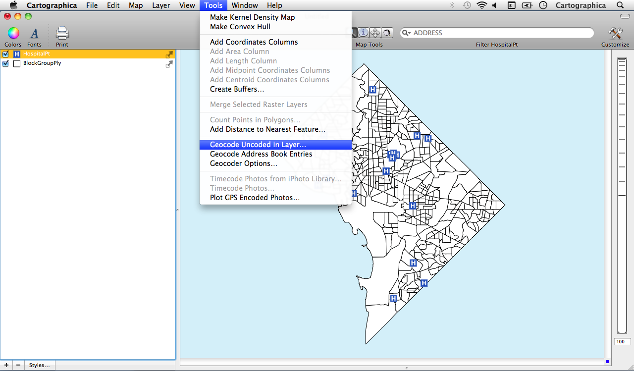 Tool Bar and Location of Geocode Layer
