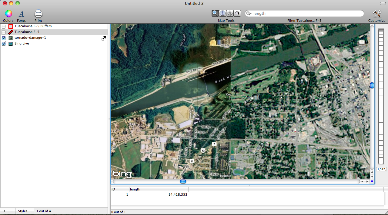 Showing agreement between Bing Map and Georeferenced Tornado Image