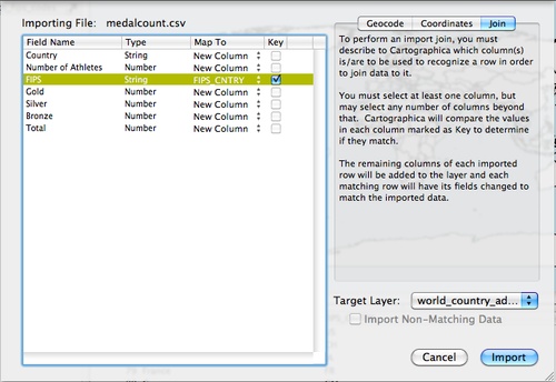 Import column window