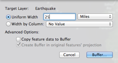 buffers with Uniform Width distance to 25 Miles